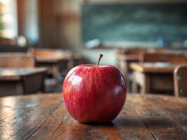 A Single Red Apple on Wooden Table in a Blurred Classroom Background photo