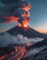 Erupting volcano spewing ash and lava during twilight in a dramatic landscape photo
