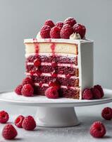 National Raspberry Cake Day Delicious raspberry layer cake slice with fresh berries and powdered sugar for dessert inspiration photo