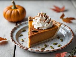 Pumpkin pie with whipped cream on a plate photo