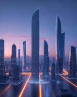 A city skyline with skyscrapers at dusk photo