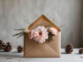 An envelope with flowers and pine cones on a table photo