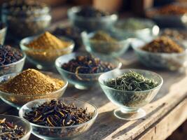 Many different types of spices are in bowls photo
