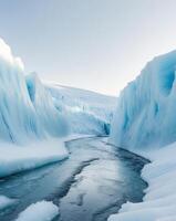 A river flows through a glacier with ice on both sides photo