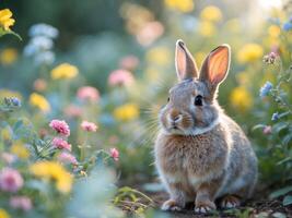 A small rabbit is sitting in a field of flowers photo
