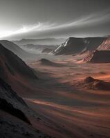 Eerie dawn on mars captivating shadows and light dance across the rugged martian landscape photo