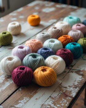 vistoso hilo pelotas descansando en rústico de madera mesa para tejido de punto y tejer foto