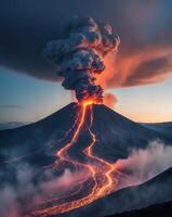 Erupting volcano spewing ash and lava during twilight in a dramatic landscape photo