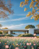 Beautiful home surrounded by colorful landscaping on a clear day photo
