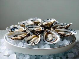 oysters on a round platter over crushed ice photo