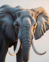A close up of an elephant's face with tusks photo