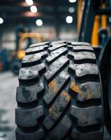 Close up of tire tread on forklift in industrial warehouse photo