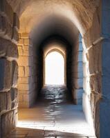 A Dark and Mysterious Stone Hallway Leading to an Unknown Destination photo