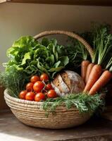 Fresh vegetables and artisan bread in a woven basket on a kitchen counter photo