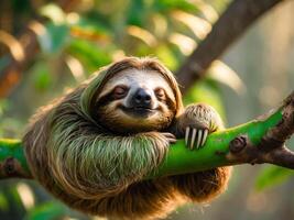 Adorable Sloth Napping Peacefully on a Lush Green Tree Branch photo
