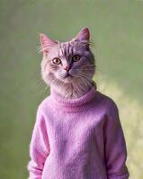 A cat wearing a sweater and standing in front of a green background photo