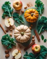 Organic pumpkin smoothie selection with fresh ingredients for a healthy fall drink photo