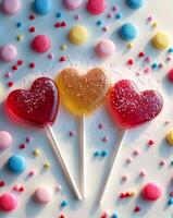 Lollipops in heart shapes colorful candy display with festive sprinkles photo
