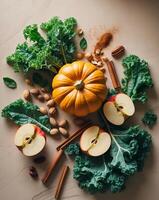 Organic pumpkin smoothie selection with fresh ingredients for a healthy fall drink photo