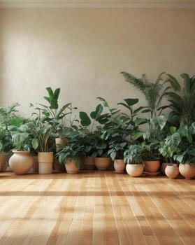 Room with a wooden floor and lots of plants photo