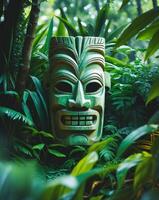 Tiki mask emerging from tropical foliage in a lush jungle setting photo