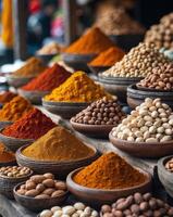 Spices and nuts displayed on market stall attracting customers photo