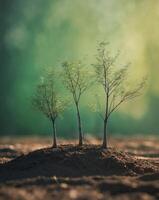 Three Small Trees Growing in Soil with Green Blurred Background photo