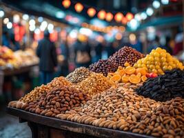 A variety of nuts and dried fruits are on display at a market photo