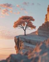 A tree stands on top of a cliff at sunset photo