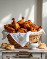 Fried chicken and biscuits in a basket on a table photo