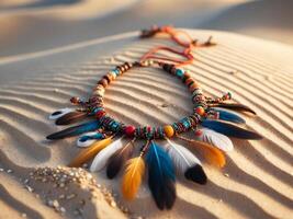 A colorful feather necklace is on a sand dune photo
