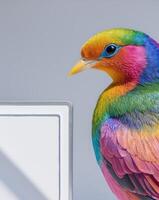 A colorful bird is standing next to a computer photo