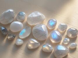 A group of white stones with rainbow colored stones photo