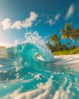 Tropical wave on the beach with palm trees photo