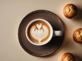 Cup of coffee with heart-shaped latte art on a plate with muffins on a be photo