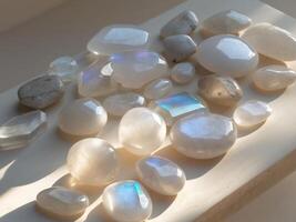 A pile of white stones on a wooden surface photo