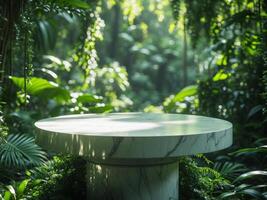 A white marble table in the middle of a lush jungle photo