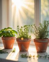 Three pots of herbs on a windowsill photo
