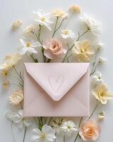 Pink envelope with white flowers on white background photo
