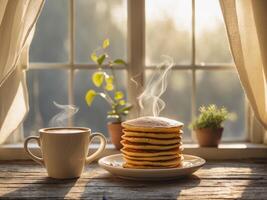 Stack of pancakes and coffee on a wooden table by the window photo