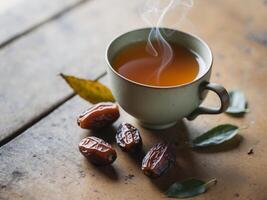 A cup of tea with dates and leaves on a wooden table photo