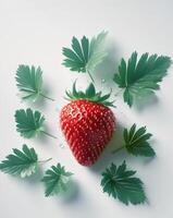 A strawberry surrounded by leaves on a white background photo