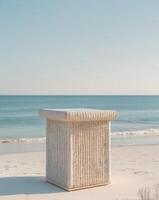 A wicker box sitting on the beach near the ocean photo