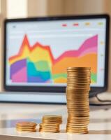 Stack of coins on desk with laptop and graph on background photo