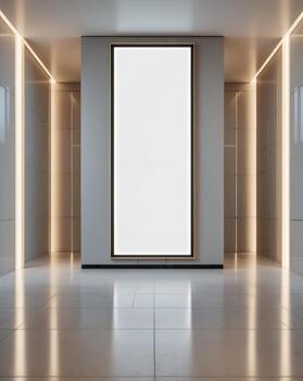 Spacious elevator lobby with blank vertical poster frame and illuminated surroundings in a modern building photo