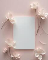 Soft pink background with blank card and delicate flowers for elegant invitations and notes photo