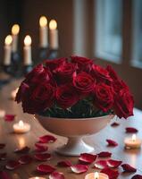 Red roses are arranged in a bowl surrounded by scattered petals and glowing candles enhancing the ambiance photo