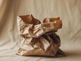 Crumpled Brown Paper Shopping Bag on Beige Background photo
