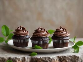 Three Chocolate Cupcakes on a White Plate with Leaves photo