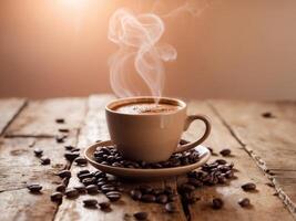 Steaming mocha coffee cup on rustic wooden table with cocoa beans and soft peach tones in warm ambient light photo